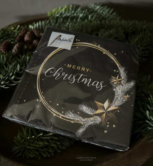 Papieren servet zwart Ring Merry Christmas 25