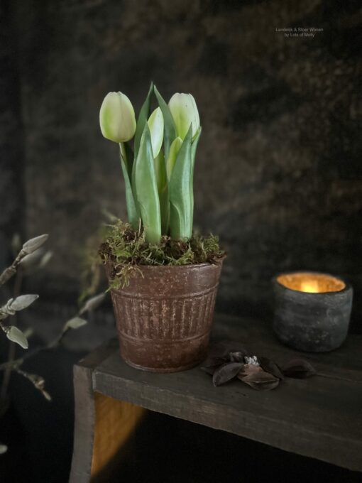 Kunst Wit Tulpen mos zink ribbel pot Landelijke Woonaccessoires Stoer Sober