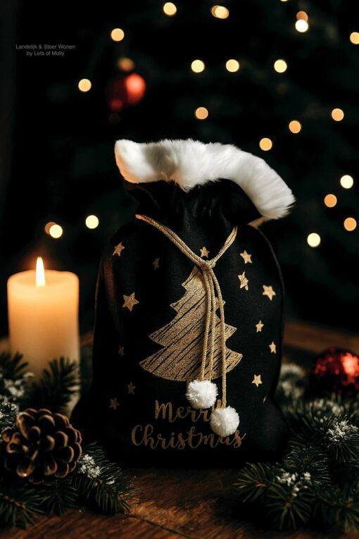 Jute zak kerstboom goud zwart 01