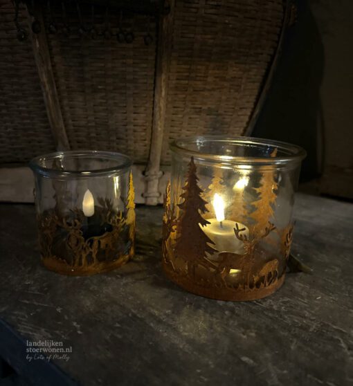 Glazen windlicht roest dennenboom en hert 01
